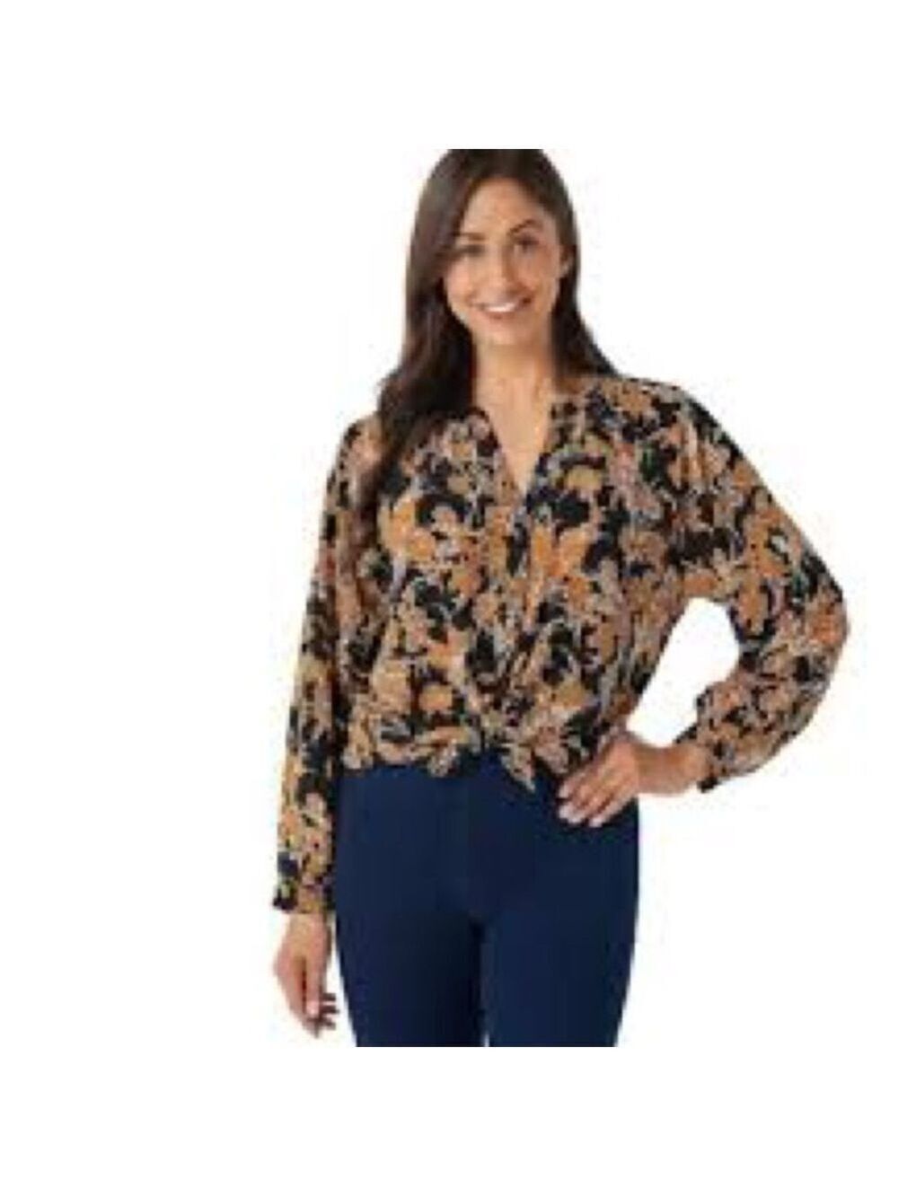 Bishop + Young Floral Black and Gold Women's Top Sz X-LARGE